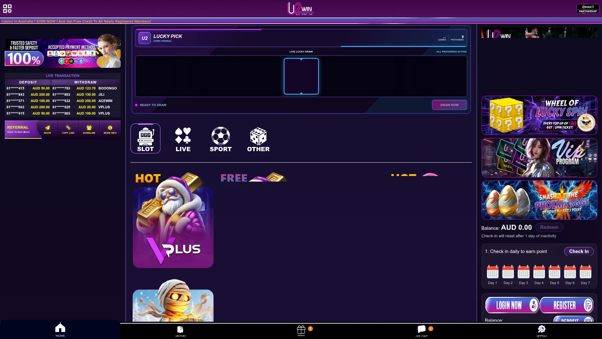 U2win Casino desktop platform
